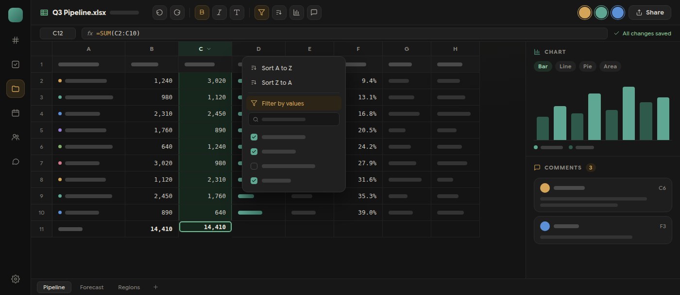 Spreadsheet büyüdü: gerçek çalışma kitabında sıralama, filtre, grafik ve yorum