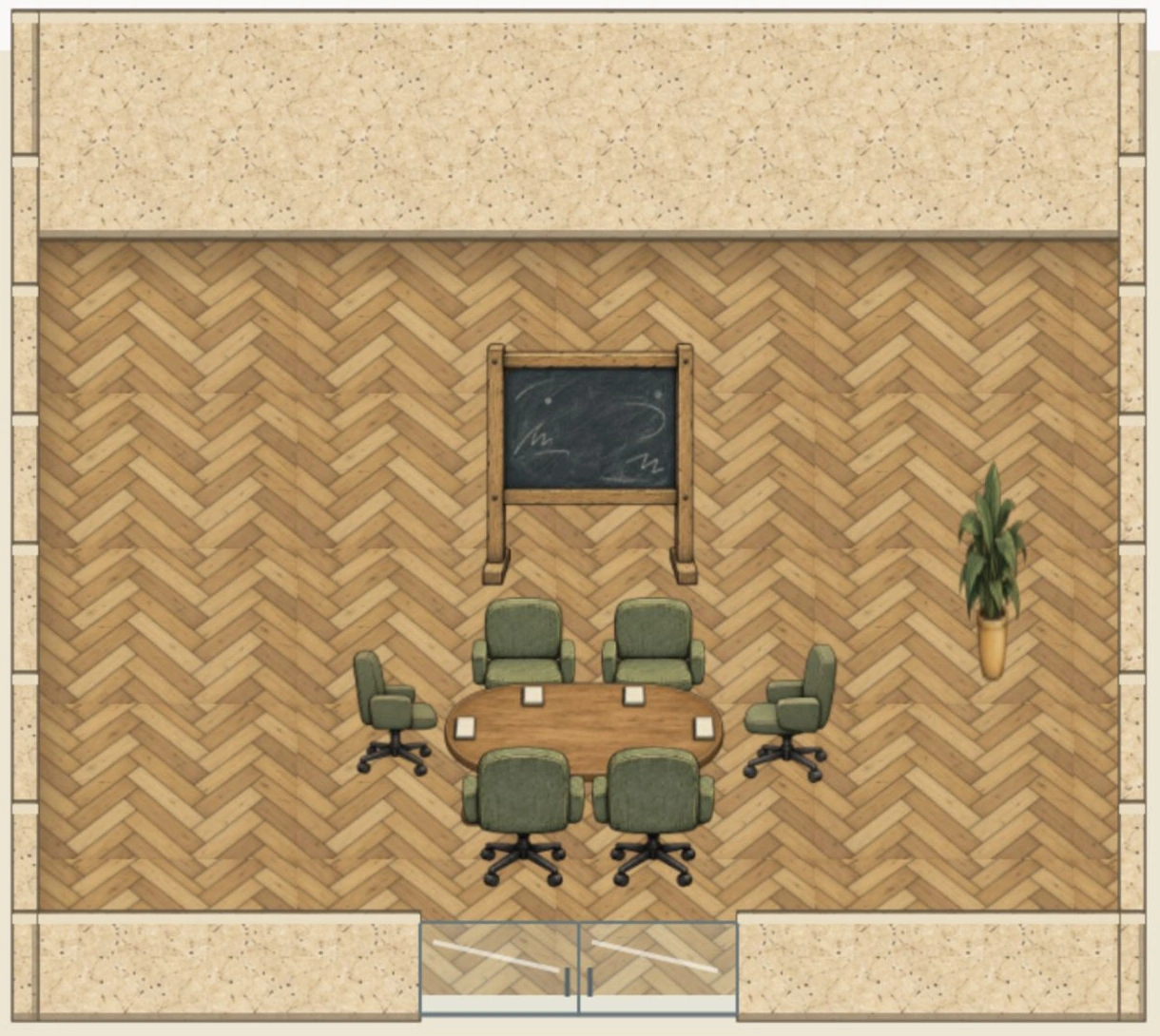 Atelier meeting room with table, chairs and board
