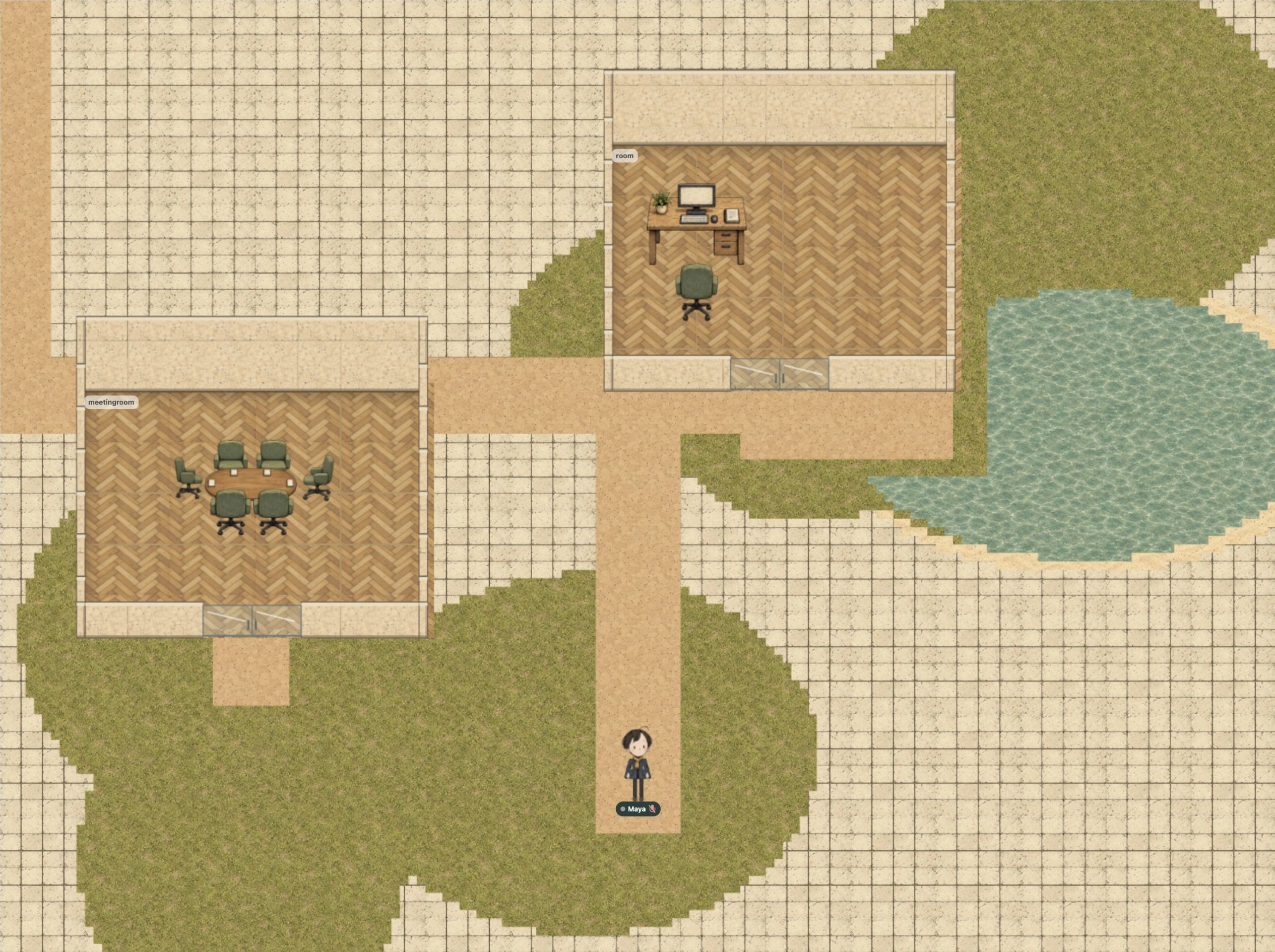 Atelier garden with paths and office rooms